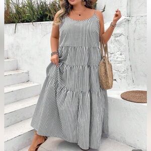 SHEIN Curve 0XL Striped Tiered Maxi Dress | Boho Summer Sun Dress Charcoal White